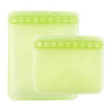 Bumkins Silicone Flat Reusable Bag 2 Pack, Sage features one large and one small bag in translucent green silicone.