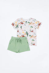 Bird & Beans Billy Bamboo Shirt & Short Set features a desert theme and light green shorts on a white background.