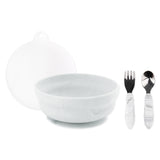 Bumkins Grip Bowl Essential 4-Piece Mealtime Set: Marble includes a marble silicone bowl, marble utensils, & a transparent lid.