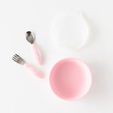 Bumkins Grip Bowl Essential 4-Piece Mealtime Set: Pink is neatly arranged on a white background.