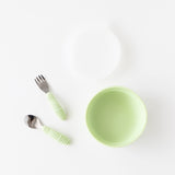 Bumkins Grip Bowl Essential 4-Piece Mealtime Set: Sage is neatly arranged on a white background.
