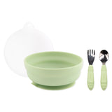 Bumkins Grip Bowl Essential 4-Piece Mealtime Set: Sage includes a green silicone bowl, green utensils, & a transparent lid.