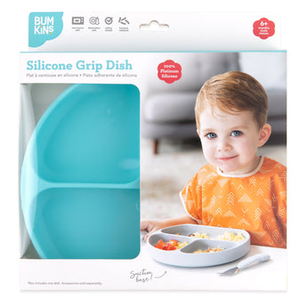 Bumkins Silicone Grip Dish: Blue in a white packaging box with a photo of a child and a clear window partially displaying the dish.