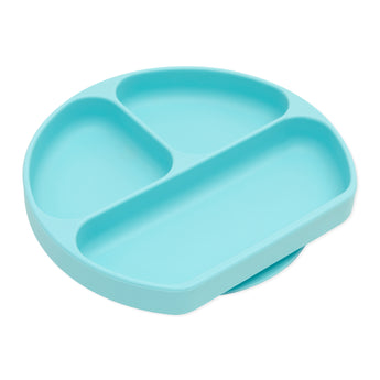 Bumkins Silicone Grip Dish: Blue is a blue round plate with 3 compartments and a suction base, made of food-safe silicone.