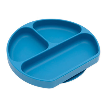 Bumkins Silicone Grip Dish: Dark Blue is a blue round plate with 3 compartments and a suction base, made of food-safe silicone.