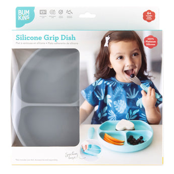 Bumkins Silicone Grip Dish: Gray in a white packaging box with a photo of a child and a clear window partially displaying the dish.