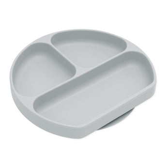 Bumkins Silicone Grip Dish: Gray is a gray round plate with 3 compartments and a suction base, made of food-safe silicone.
