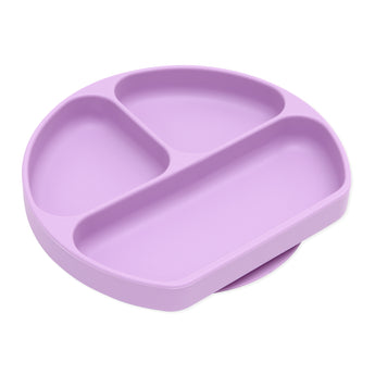 Bumkins Silicone Grip Dish: Lavender is a round dish with 3 compartments and a suction base, made of food-safe silicone.