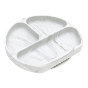 Bumkins Silicone Grip Dish: Marble—round white & gray marble plate with 3 sections and suction base, made of food-safe silicone.