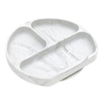 Bumkins Silicone Grip Dish: Marble—round white & gray marble plate with 3 sections and suction base, made of food-safe silicone.