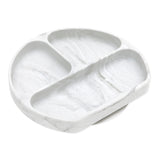 Bumkins Silicone Grip Dish: Marble—round white & gray marble plate with 3 sections and suction base, made of food-safe silicone.