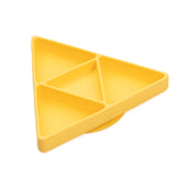 Bumkins Silicone Grip Dish: Zelda™ Triforce: a yellow triangular dish with 3 compartments, made of food-safe silicone.