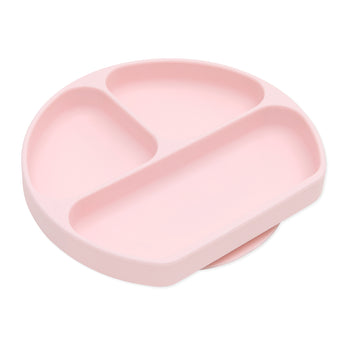 Bumkins Silicone Grip Dish: Pink is a pink round dish with 3 compartments and a suction base, made of food-safe silicone.