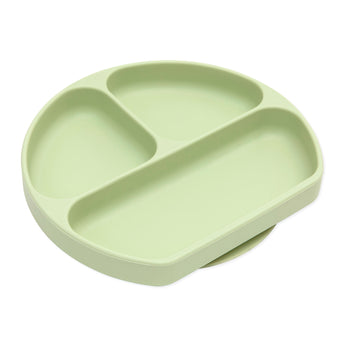 Bumkins Silicone Grip Dish: Sage is a light green round dish with 3 compartments and a suction base, made of food-safe silicone.