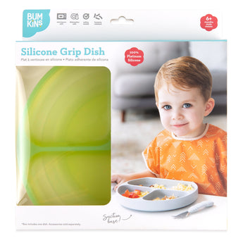 Bumkins Silicone Grip Dish: Green Jelly in a white packaging box with a photo of a child and a clear window partially displaying the dish.