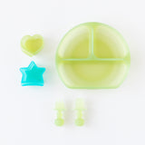 Bumkins Grip Dish Deluxe Infant 5-Piece Mealtime Set: Green Jelly is neatly arranged on a white background.