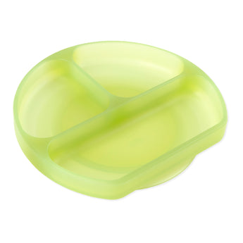 Bumkins Silicone Grip Dish: Green Jelly, made of LFGB-grade silicone, features 3 compartments and a suction grip base.