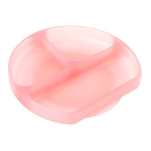 Bumkins Silicone Grip Dish: Pink Jelly is round with three sections, made of LFGB silicone, and has a suction base.