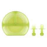 Bumkins Grip Dish Essential Infant 3-Piece Mealtime Set: Green Jelly includes a green silicone dish and green toddler utensils.