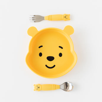 Bumkins Grip Dish Essential 3-Piece Mealtime Set: Disney Winnie the Pooh is neatly arranged on a white background.