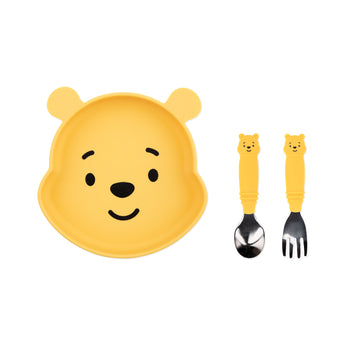 Bumkins Grip Dish Essential 3-Piece Mealtime Set: Disney Winnie the Pooh includes a Pooh-shaped silicone plate and two matching utensils.