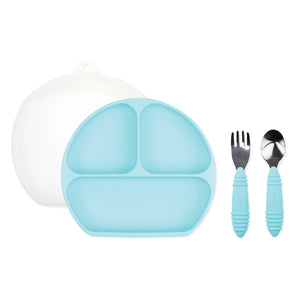 Bumkins Grip Dish Essential Toddler 4-Piece Mealtime Set: Blue includes a blue silicone dish, blue utensils, & a transparent lid.