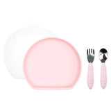 Bumkins Grip Plate Essential 4-Piece Mealtime Set: Pink includes a pink round silicone dish, pink utensils, & a transparent lid.