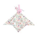 Emerson and Friends Bamboo Lovey, Magical Unicorns features a pink unicorn and pastel nursery designs of rainbows, stars, and clouds.