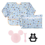 Bumkins On-The-Go Mealtime 5-Piece Set: Mickey + Minnie Mouse Sunny Side Up Pink—a waterproof bib & pouch, pink bowl & spoon, and teether.