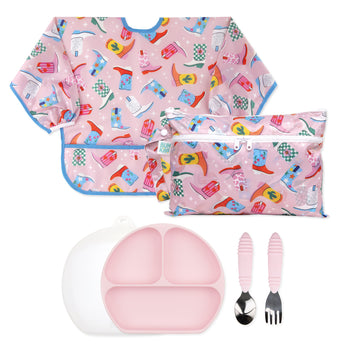 Bumkins On-The-Go Mealtime 6-Piece Set: Boots + Pink—a waterproof bib & matching pouch, silicone plate, lid, and toddler utensils.
