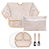 Bumkins On-The-Go Mealtime 6-Piece Set: Wander + Sand—a waterproof bib & matching pouch, silicone plate, lid, and toddler utensils.