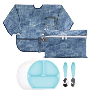 Bumkins On-The-Go Mealtime 6-Piece Set: Denim + Blue—a waterproof bib & matching pouch, silicone plate, lid, and toddler utensils.