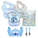 Bumkins On-The-Go Mealtime 7-Piece Set: Stitch Star-ring Up Trouble—3 waterproof bibs, waterproof pouch, plate, & toddler utensils.