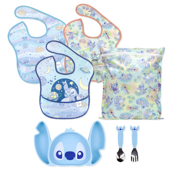 Bumkins On-The-Go Mealtime 7-Piece Set: Stitch Star-ring Up Trouble—3 waterproof bibs, waterproof pouch, plate, & toddler utensils.