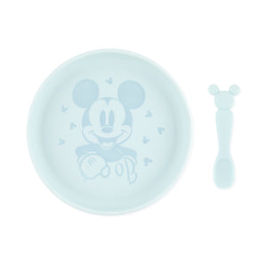 Bumkins Silicone Plate + Spoon Set: Disney Mickey Mouse includes a blue plate with a Mickey Mouse illustration and a matching spoon.