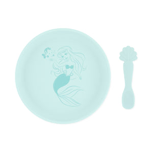 Bumkins Silicone Plate + Spoon Set: Disney Princess Ariel features a teal plate and seashell-handled spoon for fun baby mealtimes.
