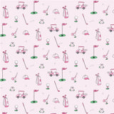 The Noomie Short Sleeve Dress features a seamless pattern of pink golf carts, clubs, and cartoon animals—ideal for any sports fan.