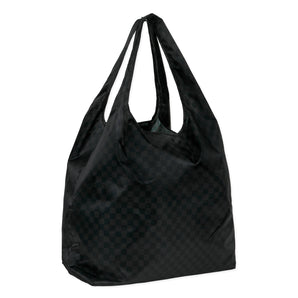 Bumkins Packable Tote Bag: Rich Black features a black checkered pattern on waterproof fabric, ideal for stylish shopping.