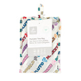 Bumkins Packable Tote Bag: Mickey & Friends Varsity is folded with its packaging tag.