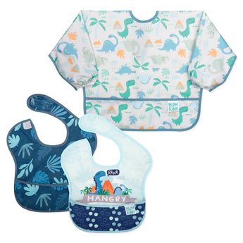 Bumkins SuperBib® and Sleeved Bib 3-Piece Set: Hangry, Dinosaurs, Blue Tropics features 3 waterproof bibs with blue dinosaur-themed prints.