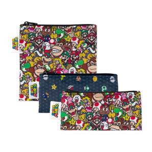 Bumkins Reusable Snack Bag, 3-Pack: Super Mario™ Power Up includes 3 waterproof pouches with video game illustrations and zipper closures.