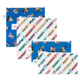 Bumkins Reusable Snack Bag 4 Pack: Disney Mickey & Friends Crew—2 blue waterproof bags with character faces, 2 white with colorful names.