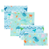 Bumkins Reusable Snack Bag 4 Pack: Ocean Life & Whale Tail includes 4 blue zippered waterproof pouches with ocean-themed designs.