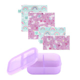 Bumkins Lunchbox Legends 6-Piece Set: Unicorns Purple Jelly includes 4 zippered waterproof pouches and a silicone bento box with lid.