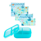 Bumkins Lunchbox Legends 6-Piece Set: Ocean Blue Jelly includes 4 zippered waterproof pouches and a silicone bento box with lid.