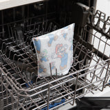 Bumkins Reusable Snack Bag, Large: Super Mario™ & Luigi sits in the top rack of an open dishwasher.