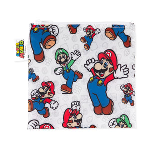 Bumkins Reusable Snack Bag, Large: Super Mario™ & Luigi is a square white waterproof zippered pouch with video game character illustrations.