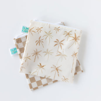 Bumkins Reusable Snack Bag, Large 2 Pack: Palm Check, one palm tree design and one checkered, lay stacked on a white background.