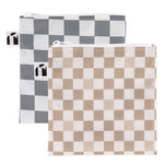 Roamio by Bumkins Bumkins Reusable Snack Bag, Large 2 Pack: Double Check includes two large checkered snack bags in gray and beige made of waterproof fabric.
