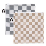 Roamio by Bumkins Bumkins Reusable Snack Bag, Large 2 Pack: Double Check includes two large checkered snack bags in gray and beige made of waterproof fabric.